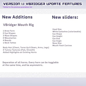 May include: A white graphic with the text "VERSION 1.1 VBRIDGER UPDATE FEATURES" and lists of new additions and sliders for a digital program. The additions include mouth rig, brow form, eye shapes, nose shapes, mustaches, beards, and neck tattoos.