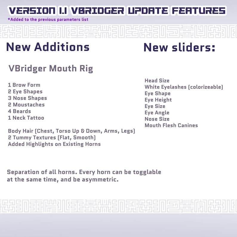 May include: A white graphic with the text "VERSION 1.1 VBRIDGER UPDATE FEATURES" and lists of new additions and sliders for a digital program. The additions include mouth rig, brow form, eye shapes, nose shapes, mustaches, beards, and neck tattoos.