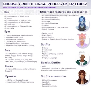 May include: A digital art character customization menu with options for hair, eyes, ears, horns, eyewear, face features, and outfits. Includes text such as "Choose from a large panels of options!" and "Other face features and accessories."