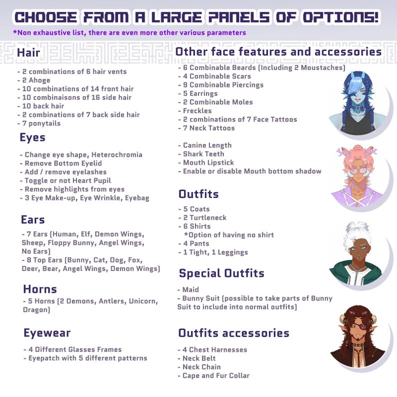 May include: A digital art character customization menu with options for hair, eyes, ears, horns, eyewear, face features, and outfits. Includes text such as "Choose from a large panels of options!" and "Other face features and accessories."