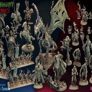 May include: A collection of miniature figures depicting a variety of undead creatures, including vampires, skeletons, and ghouls. The figures are painted in shades of gray and white, and they are arranged on a black background. The text "Gravehaunt Vampires" is visible at the top of the image.