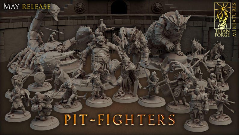 May include: A set of 15 unpainted miniature figures, including a large crab, a large ogre, a wolf-like creature, and several human-like figures. The miniatures are all standing on round bases. The text "PIT-FIGHTERS" is printed on the bottom of the image.