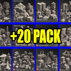 May include: A collection of 20 miniature 3D printed buildings for tabletop gaming. The buildings are made of grey plastic and feature a variety of styles, including futuristic, medieval, and fantasy. The buildings are arranged in a grid pattern on a white background. +20 PACK