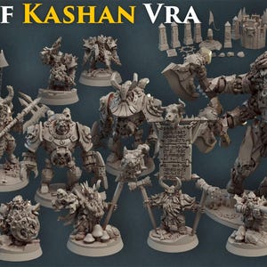 May include: A collection of 3D printed miniatures depicting a fantasy army, including warriors, a giant, and a banner. The miniatures are made of a gray plastic and are unpainted. The miniatures are part of the Sons of Kashan Vra line, a July release from Titan Forge Miniatures.