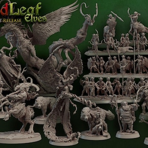 Puede incluir: Un conjunto de figuras en miniatura que representan a varios elfos, incluyendo un dragón alado, un espíritu del árbol y un guerrero que monta un lobo. Las figuras están pintadas en tonos grises y marrones, y todas están de pie sobre bases circulares. Las figuras son parte de un juego de fantasía o un juego de rol.