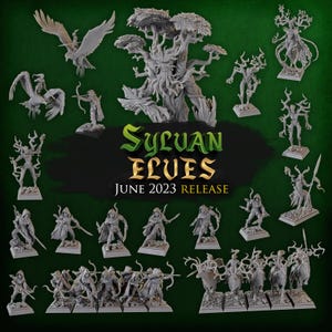 May include: A collection of miniature figurines depicting Sylvan Elves, including a tree spirit, archers, and warriors. The figures are made of gray plastic and are posed in various action poses. The text "Sylvan Elves June 2023 Release" is displayed on a green background.