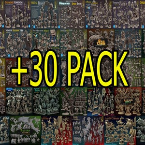 May include: A selection of miniature figurines, arranged in a grid, with fantasy themes. The image includes text that reads "+30 PACK" in large yellow letters. The figurines are in shades of grey and beige, with some colour accents.
