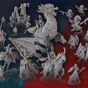 Puede incluir: Una colección de figuras en miniatura para juegos de rol de mesa, incluyendo caballeros, dragones y otras criaturas de fantasía. Las figuras están hechas de plástico blanco y no están pintadas. La imagen incluye el texto "Kingdom of Equitaine vol. 2".