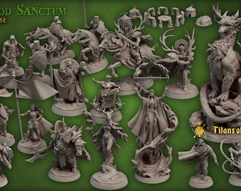 May include: A collection of 18 fantasy miniatures, including a winged griffin, a knight on horseback, a wizard, and a warrior with a sword. The miniatures are made of grey plastic and are ready to be painted. The miniatures are part of the Wildwood Sanctum collection, released in March.