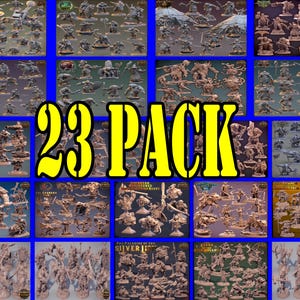 Puede incluir: Un collage de 23 figuras en miniatura, en su mayoría criaturas fantásticas, en varias poses. Las figuras están pintadas en tonos marrones y grises. La imagen está etiquetada como "23 PACK".