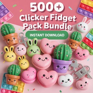Puede incluir: Una colección de coloridos juguetes fidget clicker, que incluyen macarons en forma de corazón, diseños de conejos y cactus, y objetos en forma de llave. La imagen presenta el texto "500+ Clicker Fidget Pack Bundle" y "Instant Download".