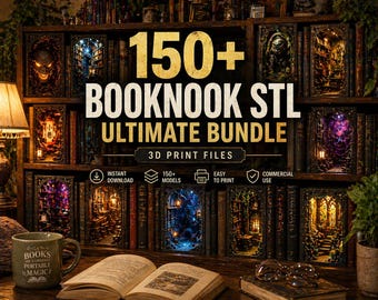 May include: A wooden bookshelf filled with books and miniature illuminated scenes. The text "150+ BOOKNOOK STL ULTIMATE BUNDLE" is prominently displayed. Includes a mug that says "BOOKS ARE A PORTABLE MAGIC".
