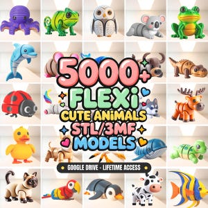 以下が含まれることがあります： タコ、カメレオン、フクロウ、コアラ、カエル、イルカ、ネズミ、雄牛、恐竜、テントウムシ、ユニコーン、ハスキー、シカ、アヒル、犬、クジラ、カメ、猫、オウム、ペンギン、牛、魚など、カラフルな関節式動物モデルのグリッド。テキストは「5000+ FLEXI CUTE ANIMALS STL/3MF+ MODELS」と表示されています。