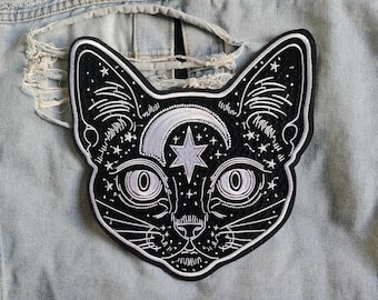 Luna // DIY Svart Katt Rygglapp Stor Broderad Stryk-På Applikation Häxa Gotisk Nyckfull Goth Ockult Månestetik För Jackor Storbritannien