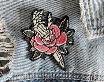 Skeleton Rose Embroidered Patch - Iron/Sew-On Gothic Applique Motif
