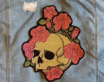 Flourishing Dead // Large DIY Floral Skull Embroidered Iron Sew On Back Patch Punk Metal Cute Rock Applique For Jackets In The UK Roses Gift