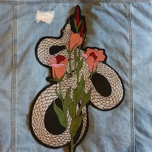 Silver Tongue // Large Back Patch DIY Embroidered Floral Tulips Applique Cute Gift Iron Sew On Badge Punk Metal Snake UK For Jackets Tattoo