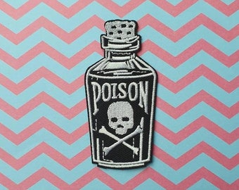 Death Wish // Poison DIY Embroidered Patch Iron Sew On Gothic Aesthetic Bottle Badge Applique Craft Skull For Jackets In The UK Gift Punk X