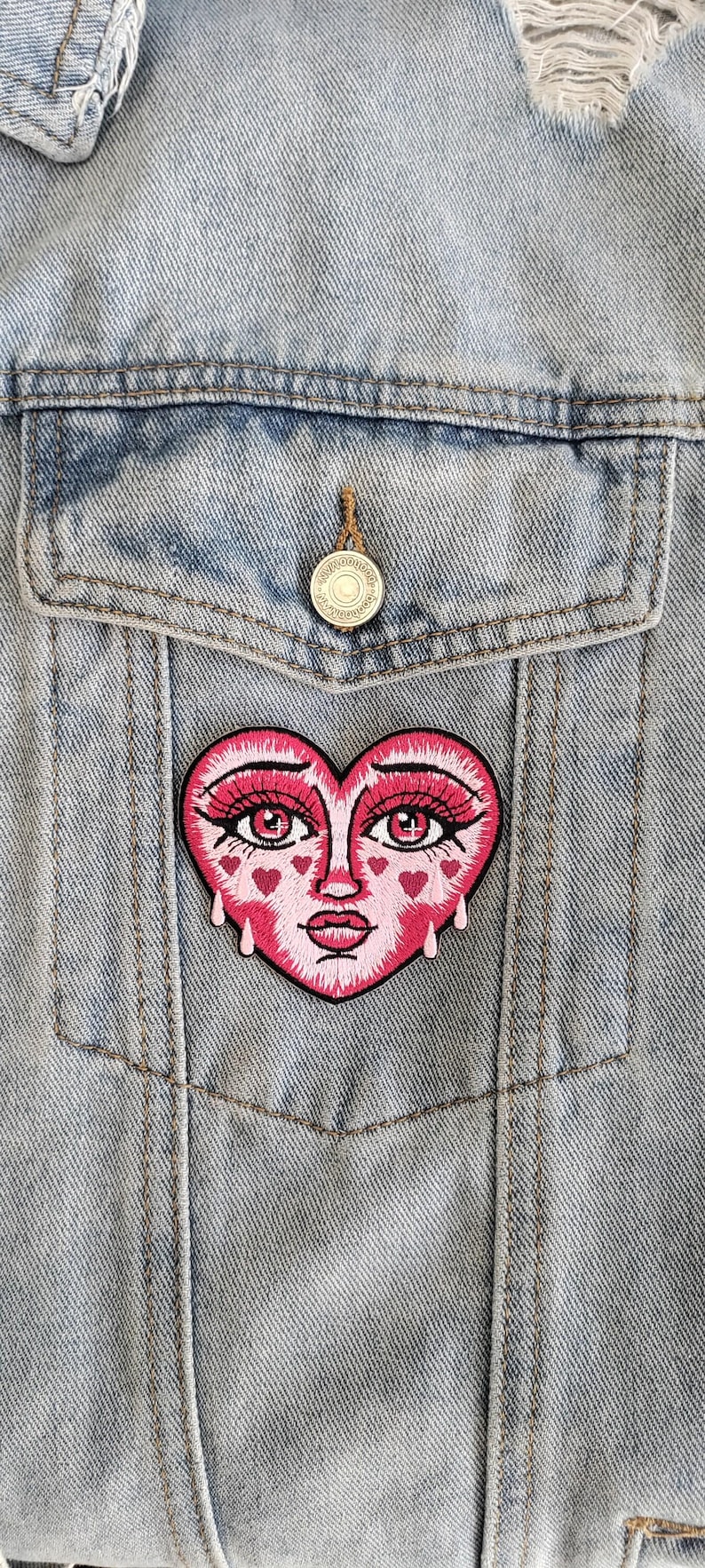 Doll Face // Heart DIY Embroidered Iron Sew on Patch Crying Pop Art ...