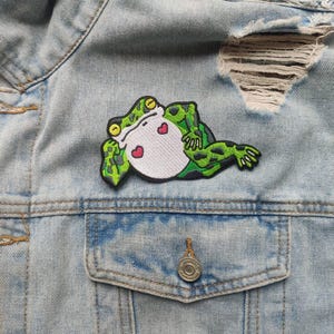 Freaky Frog // Cartoon meme DIY geborduurde ijzeren naaipatch Love Hearts Frog Burlesque appliqué badge ambachtelijk motief grappig cadeau grappig leuk x
