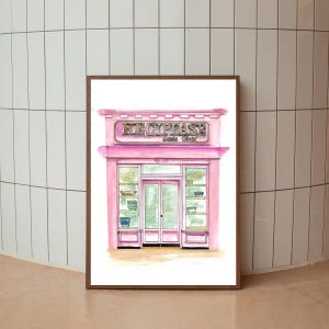Aquarel van roze voorgevel - creatie winkel, originele kunst