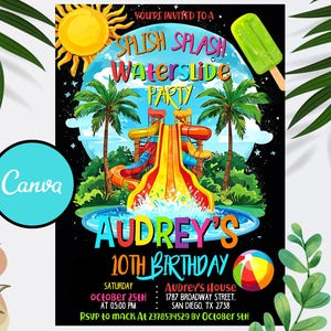 Puede incluir: Una colorida invitación para una fiesta acuática, con un tobogán acuático, palmeras y un sol. La invitación dice "10º Cumpleaños de Audrey" con detalles del evento. El logotipo de Canva está en la esquina inferior izquierda.