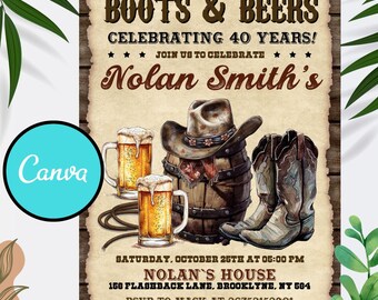 Invitación rústica de cumpleaños del oeste: Botas y cervezas, Canva editable (descarga digital)