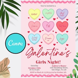 Editable Galentine&#39;s Invitation Girls, Galentine Party Girl&#39;s Night Invite, Valentines Invitation Pink Candy Hearts, CANVA Template