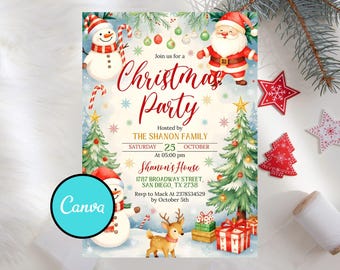 May include: Christmas party invitation with watercolor illustrations of Santa Claus, snowmen, a reindeer, Christmas trees, and gifts. The invitation includes the text "Christmas Party" and event details.
