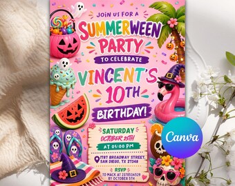 Summerween Birthday Invitation, Pool Party Invite, Funny Spooky Summer, Editable Template Canva