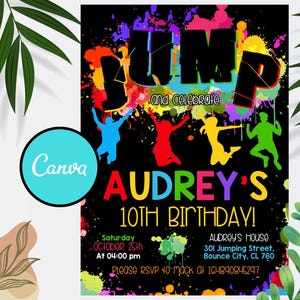 Jump Birthday Invitation, Jump Invite, Trampoline Party, Bounce House, Tie Dye Jump, Let&#39;s Jump Party, Trampoline Park, Editable Canva