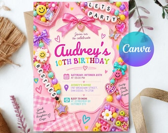 Friendship Bracelet Birthday Invitation, Let's Party Besties Tween Girl Party Invite (Digital Download)