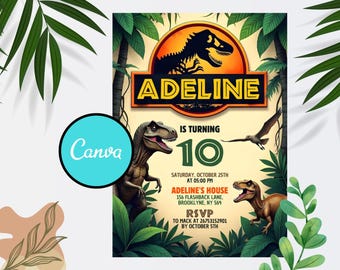 Dinosaur Birthday Invitation Template: T-Rex Party, Editable Canva Design (Digital Download)
