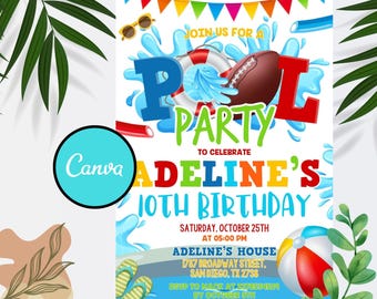 Pool Football Birthday Invitation: Editable Boy Sports Theme (CANVA)