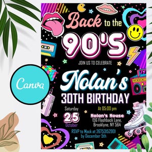 Editable 90&#39;s Birthday Invitation, 90&#39;s Party Invitation, 90&#39;s Birthday Invite, Back to the 90s, Retro Birthday Party, Invitation Template