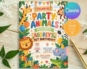 Party Animals Birthday Invite, Safari Animals Birthday Party, Editable Colorful Any Age Birthday Invite, Calling All Party Animals Invite