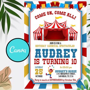 Bewerkbare verjaardagsuitnodiging carnaval, circusverjaardagsuitnodiging, carnavalsuitnodiging, canvassjabloon