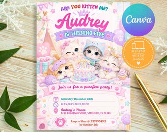 Cat Birthday Party Invitation, Kitten Birthday Invitation (Editable Template)