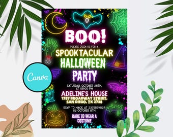 Neon Halloween Party Invitation: Editable Costume, Glow Party (Digital 5x7 Printable Invite)