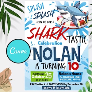 Editable Shark Pool Party Invitation, Shark Birthday Invitation, Shark birthday, Shark Party, Digital Invitation