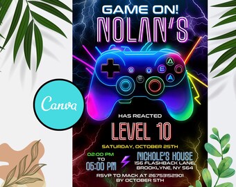Plantilla de invitación de cumpleaños de videojuego neón (descarga digital)