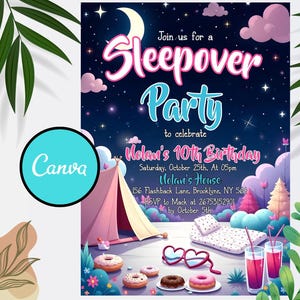 Editable Sleepover Birthday Invitation: Neon Slumber Party (Instant Download)