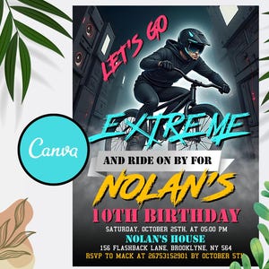 Convite editável para festa de BMX para crianças, modelo de convite de aniversário de bicicleta BMX, aniversário de esportes radicais, modelo de convite