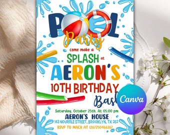 Editable Pool Party Invitation, Summer Birthday Party Invite, Swimming Party, Pool Party Invitation, Digital Invitation