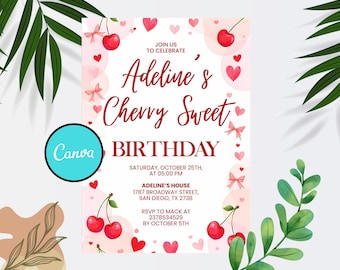 Invitación de cumpleaños de cerezas: Plantilla editable de Canva (descarga digital de 13 x 18 cm)
