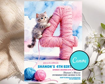 Cute Kitty Birthday Invitation, Kitty Birthday Invitation, Kitty Digital Birthday Invitation, Pink Kitty Birthday Theme, DIY In canva