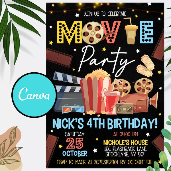 Editable Movie Birthday Party Invitation, Kids Invite, Canva Template (Digital)
