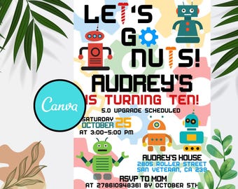 Editable Robot Birthday Invitation: Canva Party Template