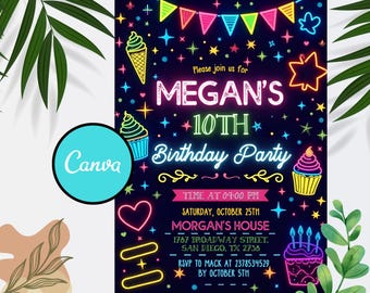 Editable Neon Birthday Invitation: Glow Party Canva Template (Digital Download)