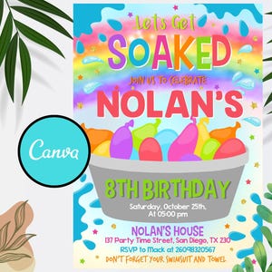 Editable Water Balloon Birthday Invitation, Water Splash Party Invitation, Summer Birthday Invite, Pool Party Canva Template